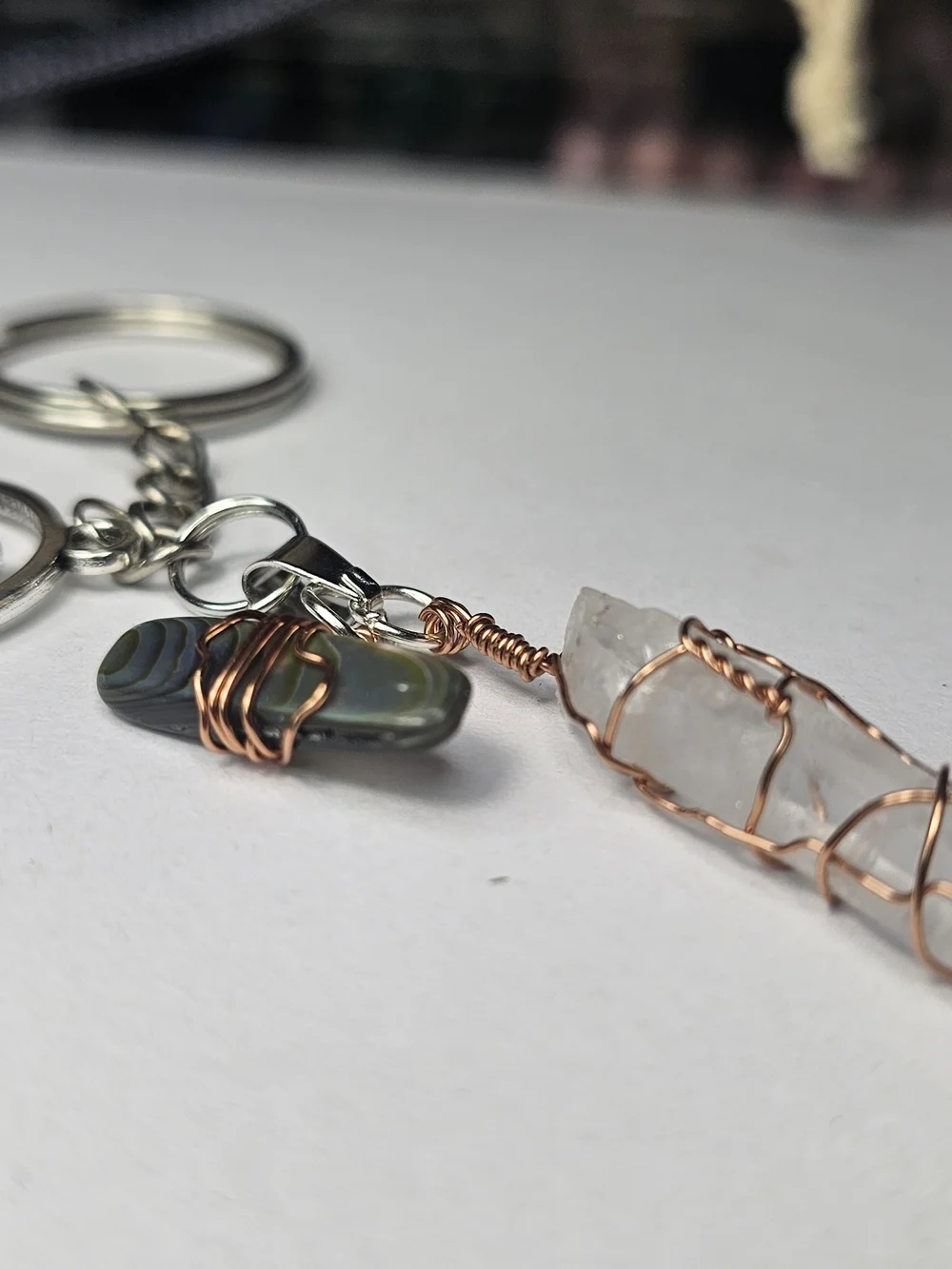 Wire-Wrapped Quartz Crystal Keychain with Metal Accents